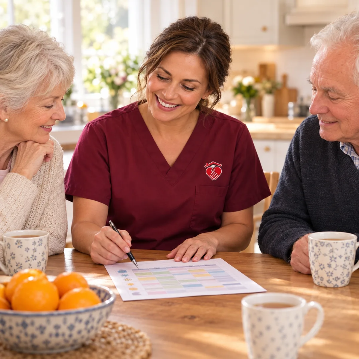 A Caring Hearts caregiver in burgundy scrubs reviews a care plan at the kitchen table with a smiling older couple