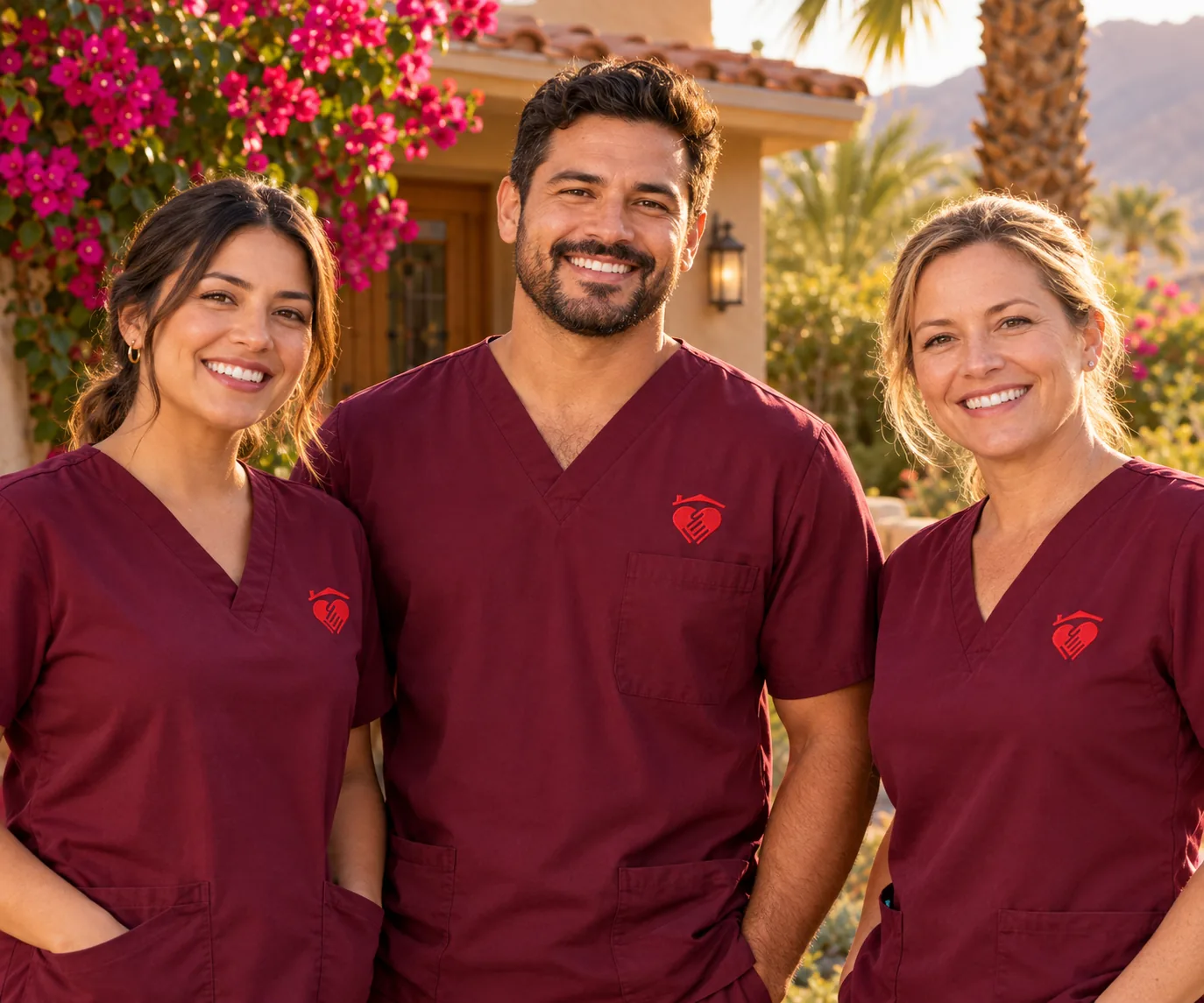 Three smiling Caring Hearts caregivers in burgundy scrubs outside a Palm Desert home